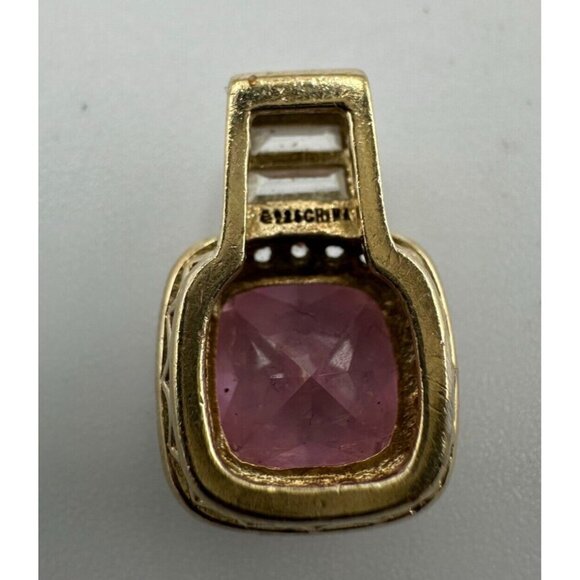 Pink Stone Necklace Pendant Gold Over Sterling Silver CZ Square Halo Setting - Picture 7 of 11